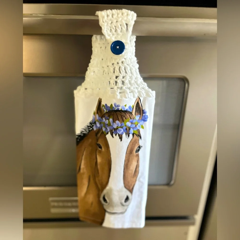 Hand Crafted Hanging Kitchen Hand Towel Colorful Farmhouse Horse Crochet Top